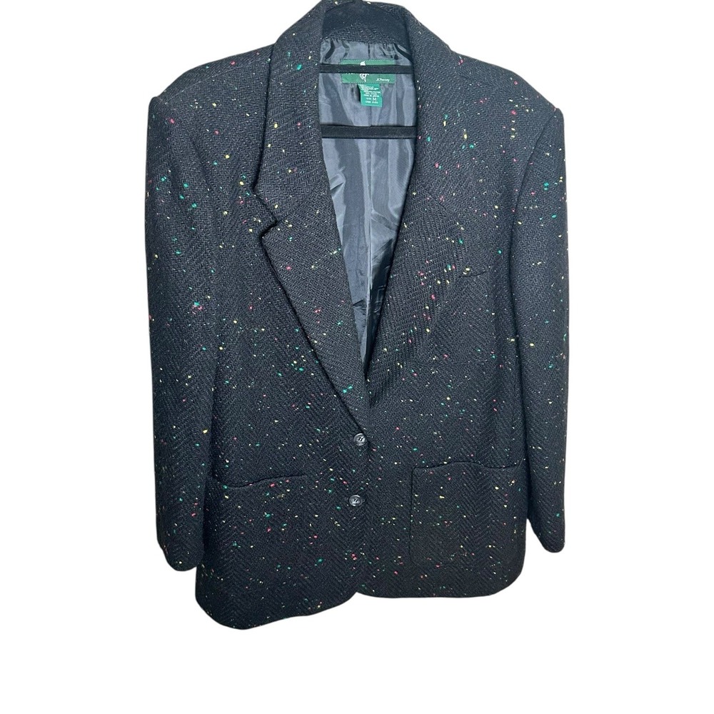 HUNT CLUB Wool Blend Black Tweed Confetti  Lined Blazer Jacket Vintage Size M‎